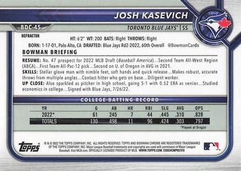 2022 Bowman Draft - Chrome Refractor #BDC-45 Josh Kasevich Back