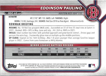 2022 Bowman Draft - Chrome Refractor #BDC-62 Eddinson Paulino Back
