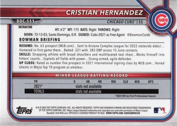 2022 Bowman Draft - Chrome Refractor #BDC-111 Cristian Hernandez Back