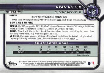 2022 Bowman Draft - Chrome Refractor #BDC-136 Ryan Ritter Back