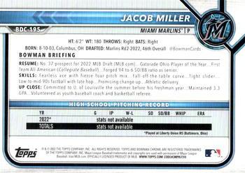 2022 Bowman Draft - Chrome Sky Blue Refractor #BDC-195 Jacob Miller Back