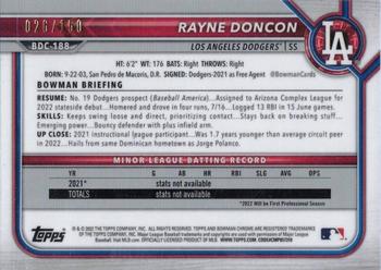 2022 Bowman Draft - Chrome Blue Refractor #BDC-188 Rayne Doncon Back