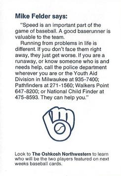 1988 Milwaukee Brewers Police - Oshkosh Police Department and the Oshkosh Northwestern #NNO Mike Felder Back