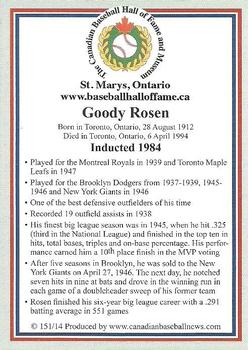 2002-23 Canadian Baseball Hall of Fame #151/14 Goody Rosen Back