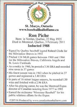 2002-23 Canadian Baseball Hall of Fame #207/16 Ron Piche Back