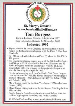 2002-23 Canadian Baseball Hall of Fame #182/14 Tom Burgess Back