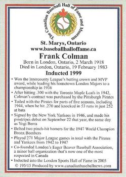 2002-23 Canadian Baseball Hall of Fame #195/15 Frank Colman Back