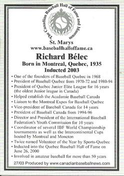 2002-23 Canadian Baseball Hall of Fame #27/03 Richard Belec Back