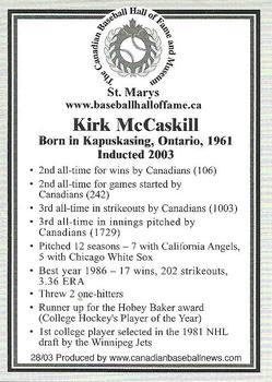 2002-23 Canadian Baseball Hall of Fame #28/03 Kirk McCaskill Back