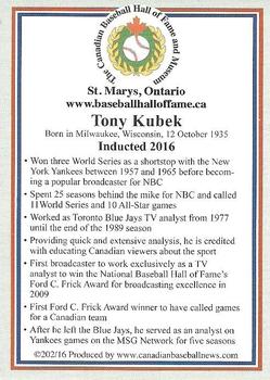2002-23 Canadian Baseball Hall of Fame #202/16 Tony Kubek Back