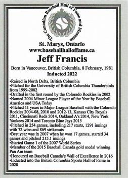 2002-23 Canadian Baseball Hall of Fame #NNO Jeff Francis Back