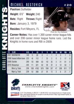 2011 Choice Charlotte Knights #20 Michael Restovich Back