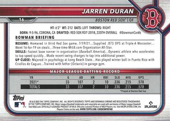 2022 Bowman Chrome Sapphire Edition #16 Jarren Duran Back