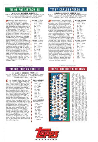 1993 Topps Magazine - Panels #TM 97-TM 100 Carlos Baerga / Pat Listach / Toronto Blue Jays / Eric Karros Back