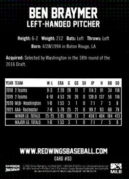 2022 Choice Rochester Red Wings #3 Ben Braymer Back
