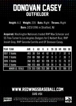 2022 Choice Rochester Red Wings #4 Donovan Casey Back