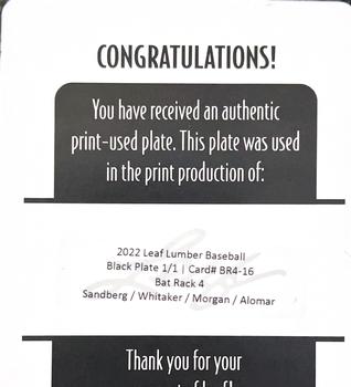 2022 Leaf Lumber - Bat Rack 4 Relics Printing Plates Black #BR4-16 Ryne Sandberg / Lou Whitaker / Joe Morgan / Roberto Alomar Back