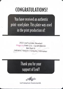 2022 Leaf Lumber - Bat Rack 4 Relics Printing Plates Magenta #BR4-3 Miguel Cabrera / Kirk Gibson / Rocky Colavito / Lou Whitaker Back
