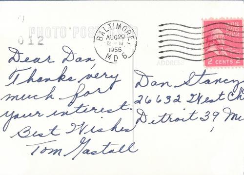 1956 Baltimore Orioles Photocards #012 Tom Gastall Back