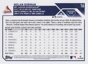2023 Topps - Royal Blue #16 Nolan Gorman Back