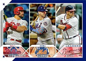 2023 Topps - Royal Blue #178 NL HRs Leaders (Kyle Schwarber / Pete Alonso / Austin Riley) Front