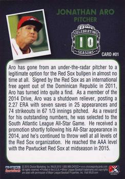 2015 Choice Greenville Drive 10th Anniversary Collection #1 Jonathan Aro Back
