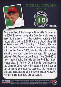 2015 Choice Greenville Drive 10th Anniversary Collection #4 Michael Bowden Back