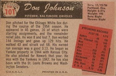 1955 Bowman #101 Don Johnson Back
