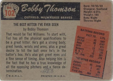 1955 Bowman #102 Bobby Thomson Back