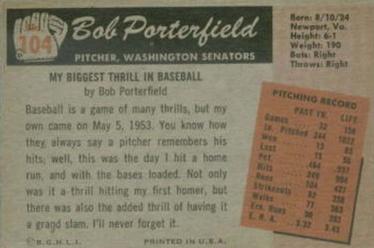 1955 Bowman #104 Bob Porterfield Back