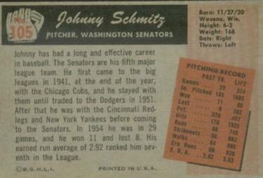 1955 Bowman #105 Johnny Schmitz Back