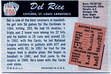 1955 Bowman #106 Del Rice Back