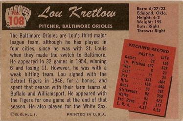 1955 Bowman #108 Lou Kretlow Back