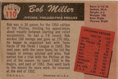1955 Bowman #110 Bob Miller Back