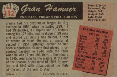 1955 Bowman #112 Granny Hamner Back