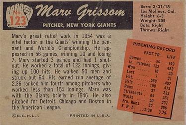 1955 Bowman #123 Marv Grissom Back