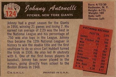 1955 Bowman #124 Johnny Antonelli Back