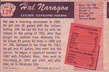 1955 Bowman #129 Hal Naragon Back