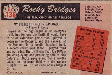 1955 Bowman #136 Rocky Bridges Back