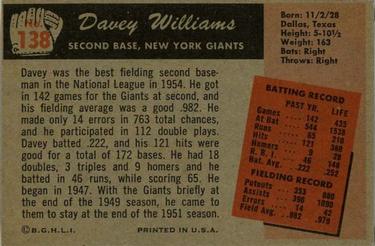 1955 Bowman #138 Davey Williams Back
