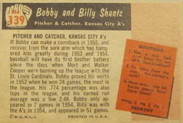 1955 Bowman #139 Bobby Shantz / Billy Shantz Back