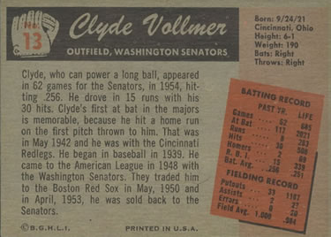 1955 Bowman #13 Clyde Vollmer Back
