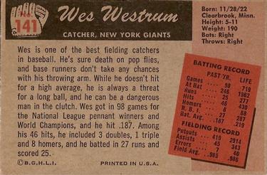 1955 Bowman #141 Wes Westrum Back