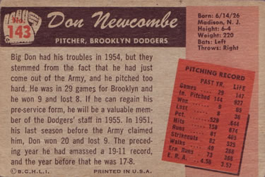1955 Bowman #143 Don Newcombe Back