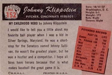 1955 Bowman #152 Johnny Klippstein Back