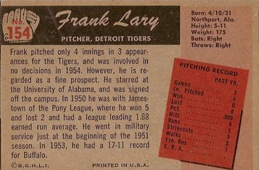 1955 Bowman #154 Frank Lary Back