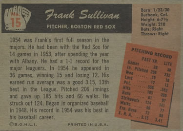 1955 Bowman #15 Frank Sullivan Back