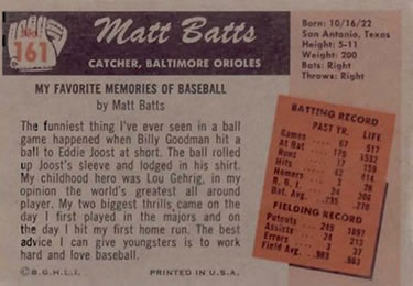 1955 Bowman #161 Matt Batts Back