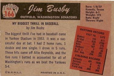 1955 Bowman #166 Jim Busby Back