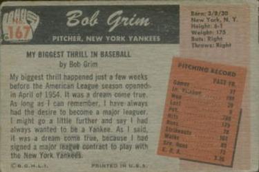 1955 Bowman #167 Bob Grim Back